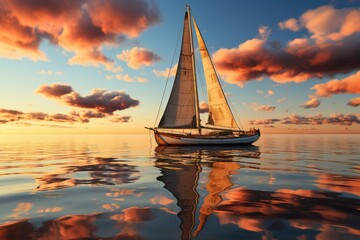A majestic sailboat glides gracefully through the tranquil waters, its mast reaching towards the sky as the setting sun casts a warm reflection upon the serene ocean