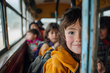 kid on schoolbus, schoolbus, school, kids on a bus, going to school, road to school, yellow school bus