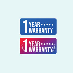 One year Warranty. Two different designs of 1 year warranty stamp, badge, label in neon red and purple dual colour and blue with light grey background. Warranty card, stamps, labels design, concept. 