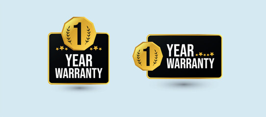One year Warranty. Two different designs of 1 year warranty stamp, badge, label in golden and black colour with light cyan background. Warranty card, stamp, label design vector stock illustration
