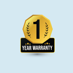One year Warranty. 1 year warranty stamp, badge, label in golden and black colour with light cyan background. Warranty card, stamp, label design. Warranty Sticker, logo or label in vector
