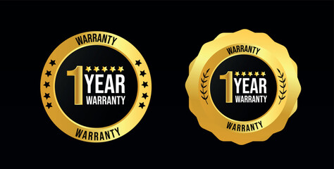 1 year of warranty. one year warranty card with two different labels, stamps, icons design. 1 year warranty labels, stamp designs in golden and black colour. Quality assurance with warranty card.