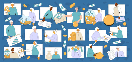 Senior people with money. Retirement financial literacy for older adults. Savings, invest and family budget. Vector illustration.