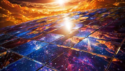Sunlit Earth: Solar Panel with Sun Rays Over Earth, 3D Rendering