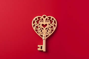 Gold heart shape key isolated on red background. Love and understanding concept. Copy space.	