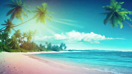 Fototapeta na wymiar tropical sunrays on the background of beach palms and ocean waves, tropical landscape