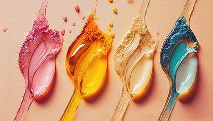 Obrazy na Plexi  liquid, creme, Kosmetik, serum, close up, abstrakt, hintergrund, peach, fuzz, rosa, orange, viele, bunt, farbe, tropfen, reklame, werbung