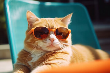 red cat in sunglasses relaxes and chills on a sun lounger at a resort under the sun on a sunny warm