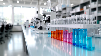 modern laboratory with a row of colorful test tubes in the foreground and microscopes in the background, indicating a scientific research setting