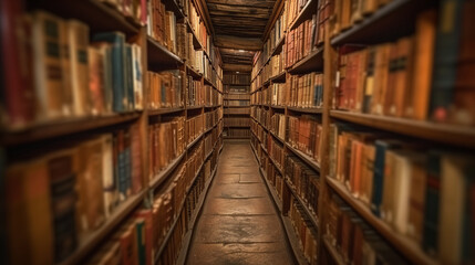 narrow aisle between tall bookshelves filled with old books in a library, with a focus on the textures and colors of the books' spines