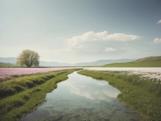 Fototapeta premium spring relaxation calming nature background, minimalistic landscape with pastel delicate