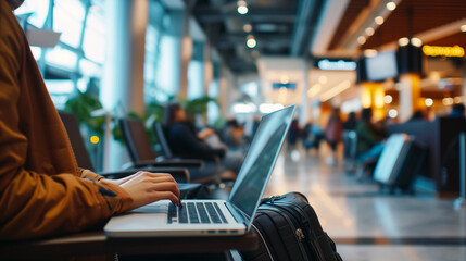 person using a laptop at an airport, with travelers and seats in the background, symbolizing mobile work and the busy environment of travel
