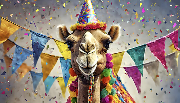 camel, cartoon, spaßig, close up, neu, Fähnchen, karte, geburtstag, tier, hintergrund, party, feier, hut, Chapeau, balloon, konfetti