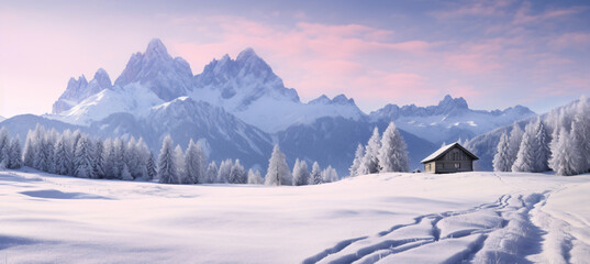 snowy log cabin in snowy mountain winter landscape, in the style of historical, landscape-focused


