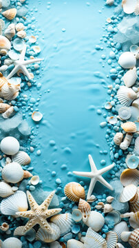 frame of pebbles and sea shells with blue background