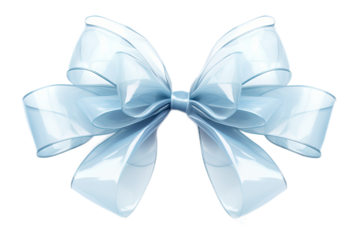 festive weightless blue bow and ribbon on a transparent background for gift box packaging, top view.