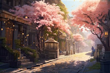 a street adorned with blossoms. Generative AI