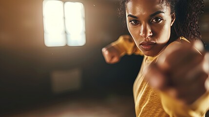 African American woman in martial arts gym. Self defense concept. In this photo, she exudes confidence and empowerment as she practices self-defense techniques in the martial arts gym.