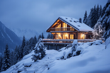 beautiful mountain chalet in the alps on a snowy evening, in the style of large-scale


