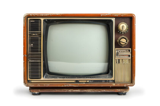 An old vintage retro TV television set with a blank screen isolated on a white background