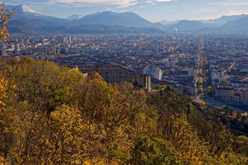 GRENOBLE, FRANCE, November 29, 2023 : Grenoble city center boulevards as seen from the hill of La...