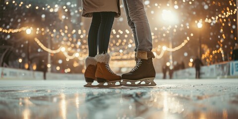 A couple in love on ice skating at the ice rink on a winter evening. Valentine's Day Concept - obrazy, fototapety, plakaty