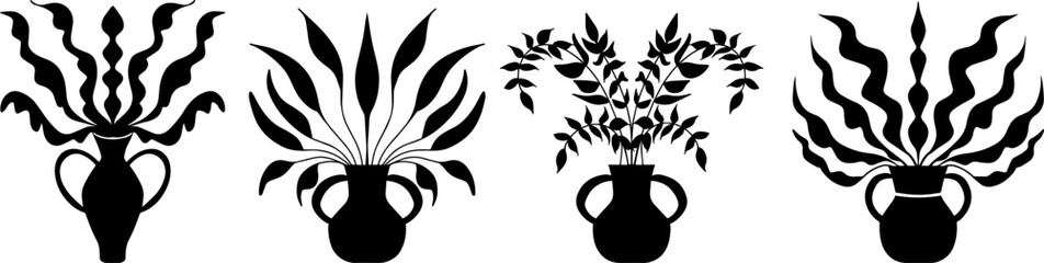Decorative vase with leaves set. Black silhouette. Vector illustration  - obrazy, fototapety, plakaty