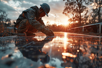 A technician checking a solar panel installation before winter arrives.