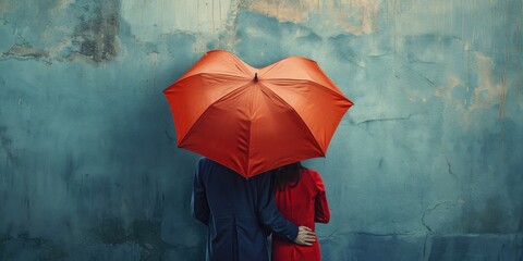 Couple stand under a red heart-shaped umbrella looking from the back. Valentine's Day Concept