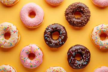 Fototapeta na wymiar assorted donuts with different toppings on yellow, flat lay 