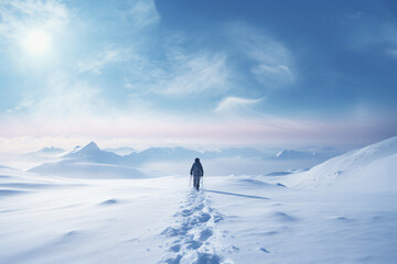 an individual in the snow in winter time, in the style of photo-realistic landscapes, hikecore



