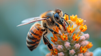 Fototapeta premium a close-up of a bee hovering over a flower Ai generative