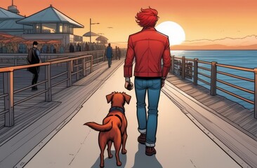 Back view redhead young man and ginger dog are walking on sea shore sunset time, comic style illustration. Heartwarming relationships people and their beloved pets. Bond between humans and their furry - obrazy, fototapety, plakaty