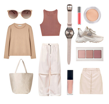 Trendy fashion women's clothes isolated set. Girl's outfit. Collection of brown and beige garment. Boutique clothing.