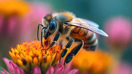 a close-up of a bee hovering over a flower Ai generative