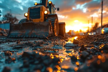 At a sunny construction site, an industrial excavator drives to fulfill tasks for a new real estate project - obrazy, fototapety, plakaty
