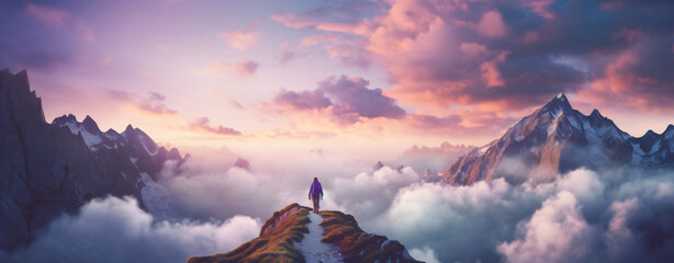 an individual hiking in the mountains is going through the clouds, in the style of poster, light...