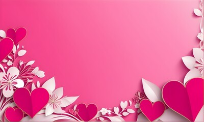 3D flowers and hearts on pink background with space for text. Greeting card for Valentine's Day, birthday, wedding, anniversary or Mother's Day