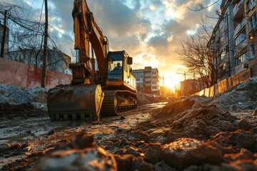 At a sunny construction site, an industrial excavator drives to fulfill tasks for a new real estate project - obrazy, fototapety, plakaty