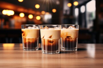 Three glasses of coffee drink against the backdrop of a modern cafe