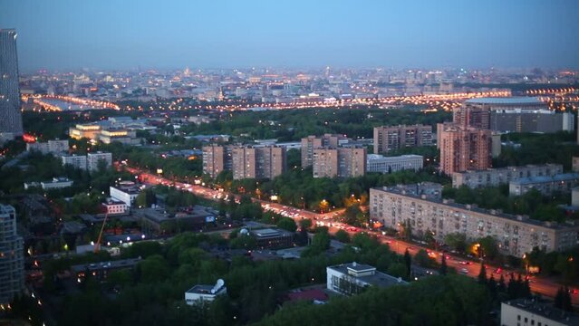 Residential district and Luzhniki Stadium in evening in Moscow