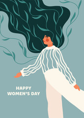 Happy Women's Day. Women's Day. Freedom, feminism, movement. A woman with flowers in her hair. Vector illustration for March 8th