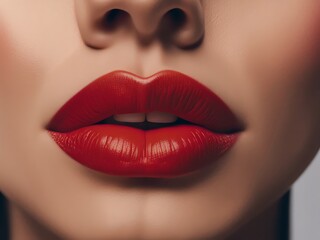 Close up of a woman's lips with shiny perfect red lipstick. Beauty, fashion, promotional shot. Clean skin.