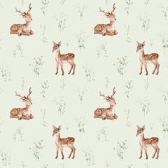 Watercolor seamless pattern baby deer and meadow flowers. Spotted deer isolated on white background. Hand painted wild animal template for fabric. Animal for design print or background. floral branche