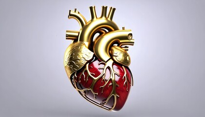 Human health care - golden heart. 3d Illustration of human heart with golden artery and details. Golden heart - pure heart concept. Creative idea - generative ai