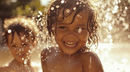 Children play and have fun in the splash of water in summer Ai generative