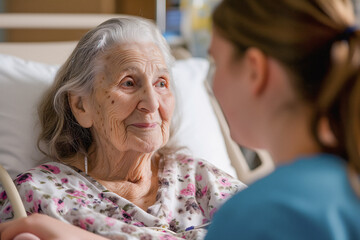 Smiling Old Lady And Doctor Nurse In Clinic