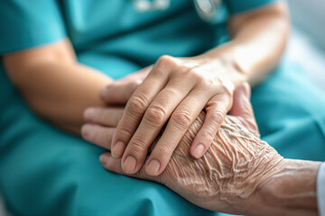 Doctor Holds Hand Of Eldery Woman Patient In Palliative Care Medicine Clinic Or Hospice - obrazy, fototapety, plakaty