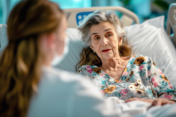 Friendly Professional Female Doctor Meeting An Elderly Patient On A Hospital Bed The Concept Of Caring For The Eldery, Nurse Is Taking Anamnesis From Old Lady. - obrazy, fototapety, plakaty