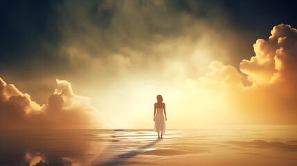 female silhouette walking in sunset clouds, generative ai - 711827374